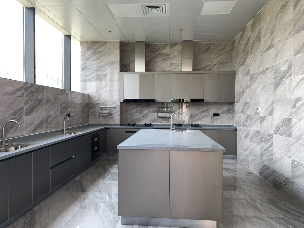 Light Luxury Black Kitchen Island Cabinet with Full Stone Base and Sink | Custom Integrated Kitchen Cabinets