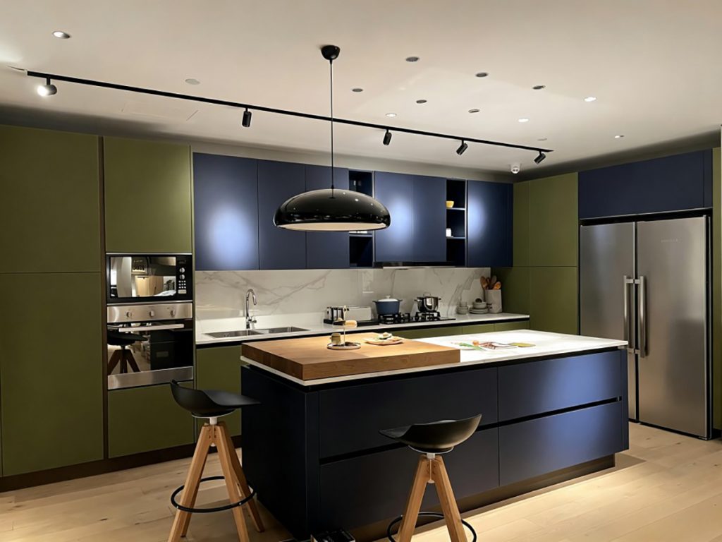 Modern Navy Blue Kitchen Island Cabinet with Oak Breakfast Bar and Quartz Top | Custom Kitchen Cabinets