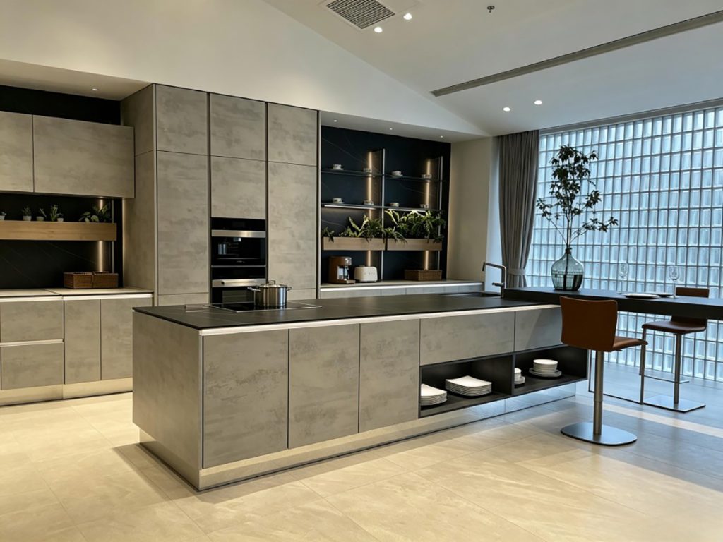 Industrial Style Concrete Look Kitchen Island Cabinet with Black Stone Top | Custom Integrated Kitchen Cabinets