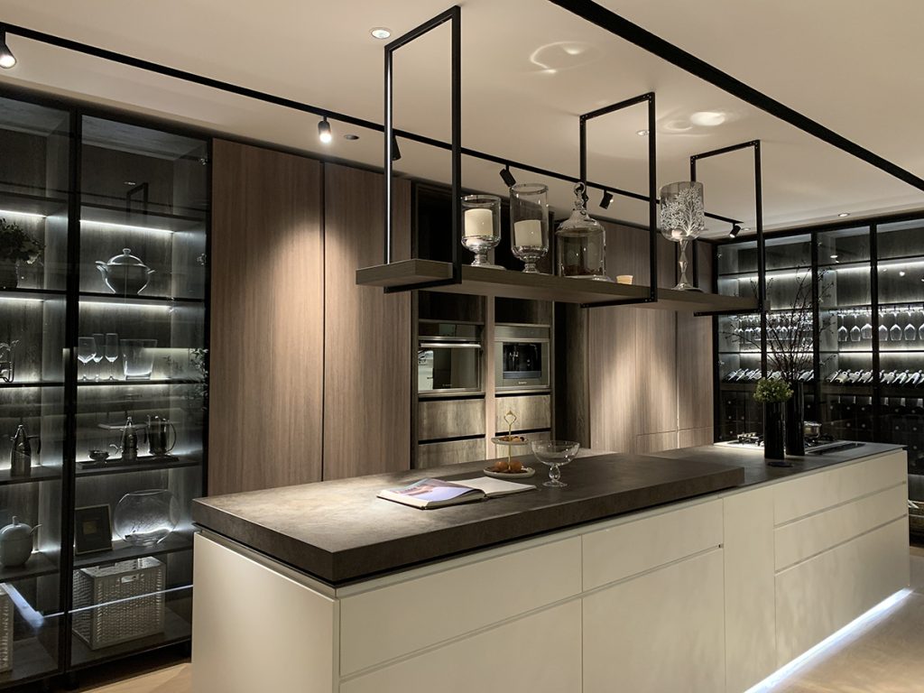 Modern Galley Kitchen Cabinet with Fluted Glass Doors and Built-In Oven | Custom Integrated Kitchen Cabinets