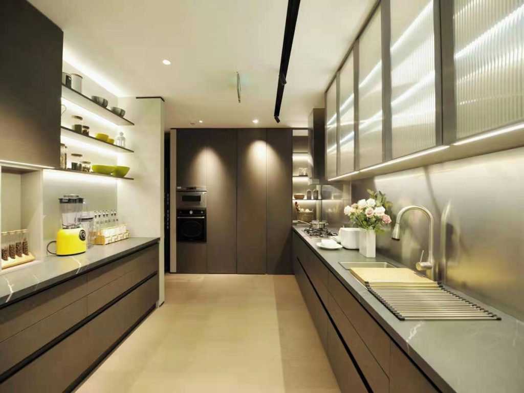 Light Luxury Kitchen Island Cabinet with Glass Display and Sintered Stone Top | Custom Integrated Kitchen Cabinets