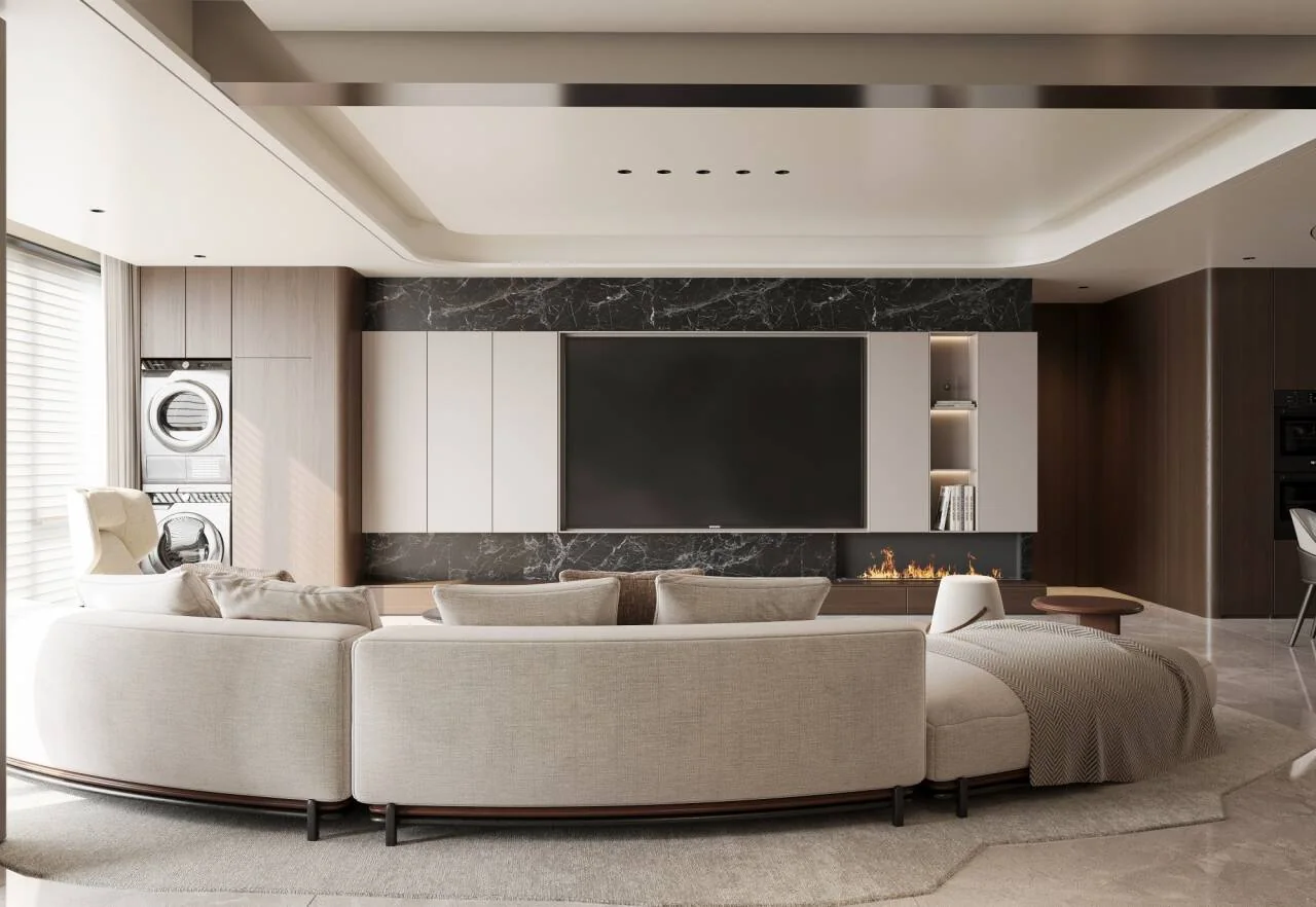 Living room rendering with YD60873 black stone-effect decorative wall finish