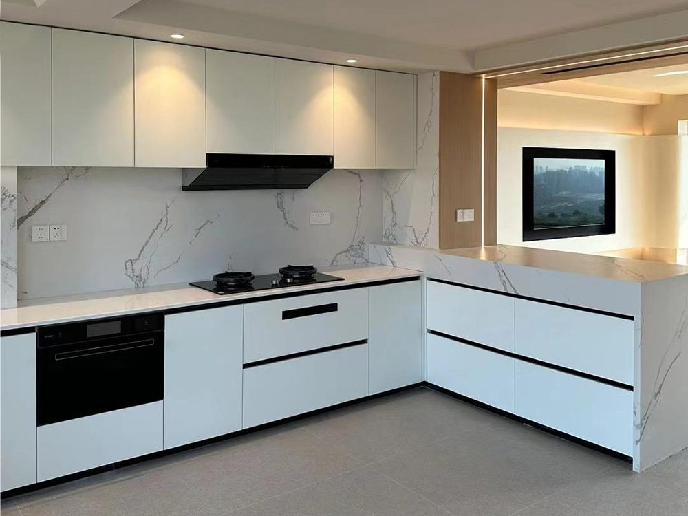 Italian Minimalist Kitchen Island Cabinet with LED Lit Display Shelves | Custom Integrated Kitchen Cabinets
