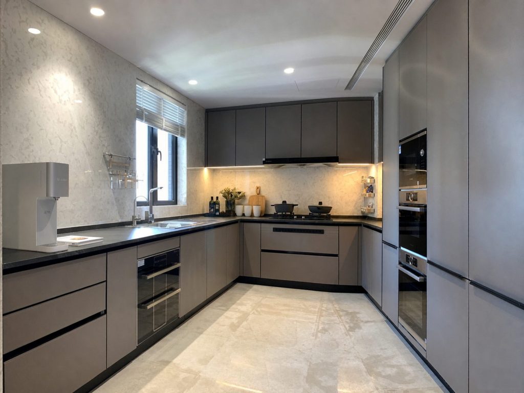 Modern Charcoal Grey Kitchen Cabinet with Glass Display Uppers and Stone Top | Custom Integrated Kitchen Cabinets