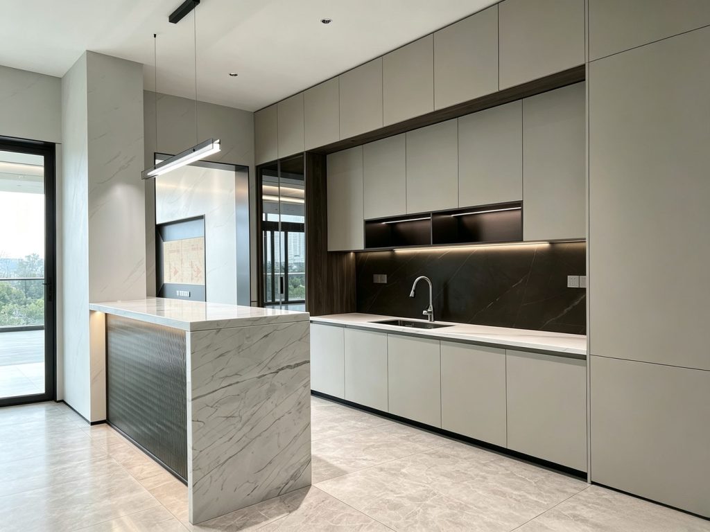 Modern Walnut Kitchen Cabinet with Built-In Ovens and Stone Countertop | Custom Integrated Kitchen Cabinets